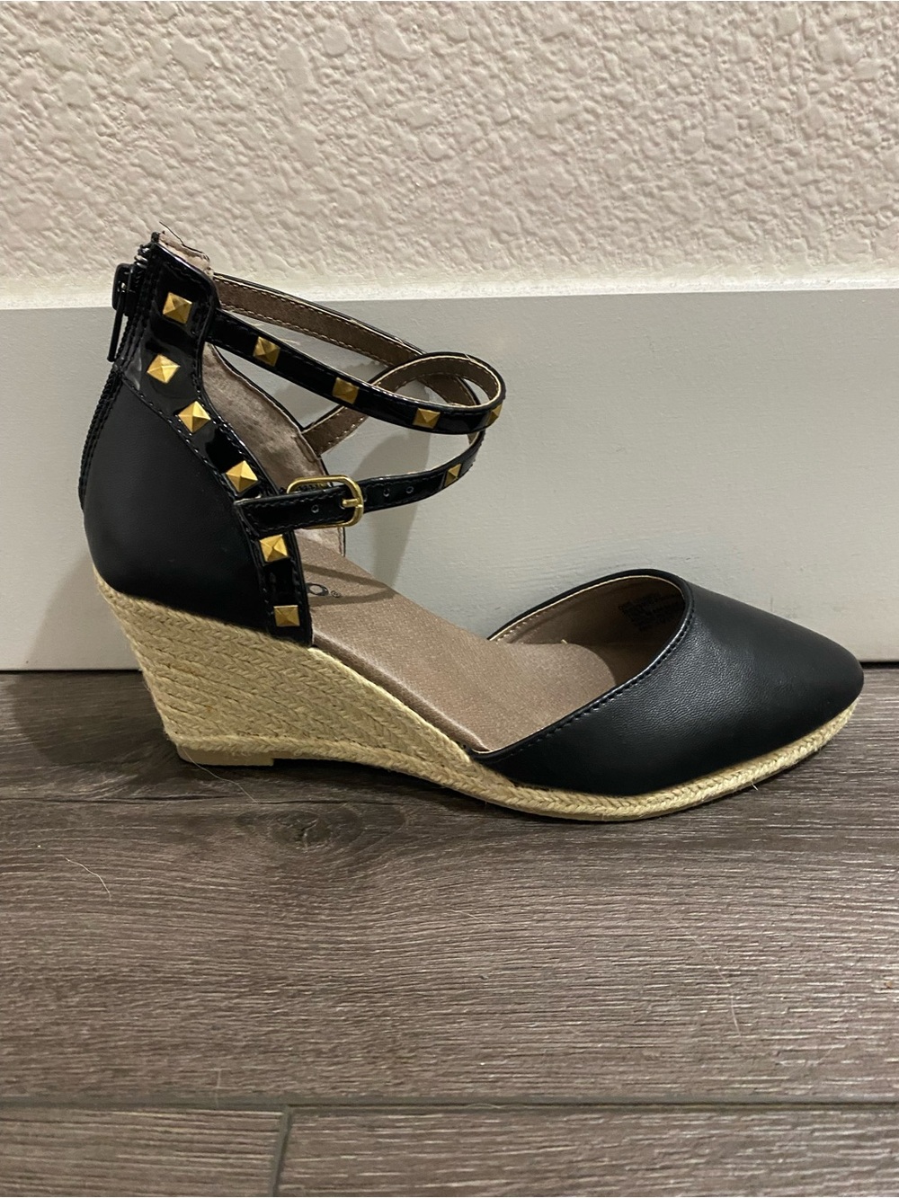 Rialto Black Espadrille Wedge with Gold Stud Accents